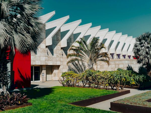 Modern building with white angular roof, palm trees, and a manicured garden; a red wall accent and clear blue sky above.