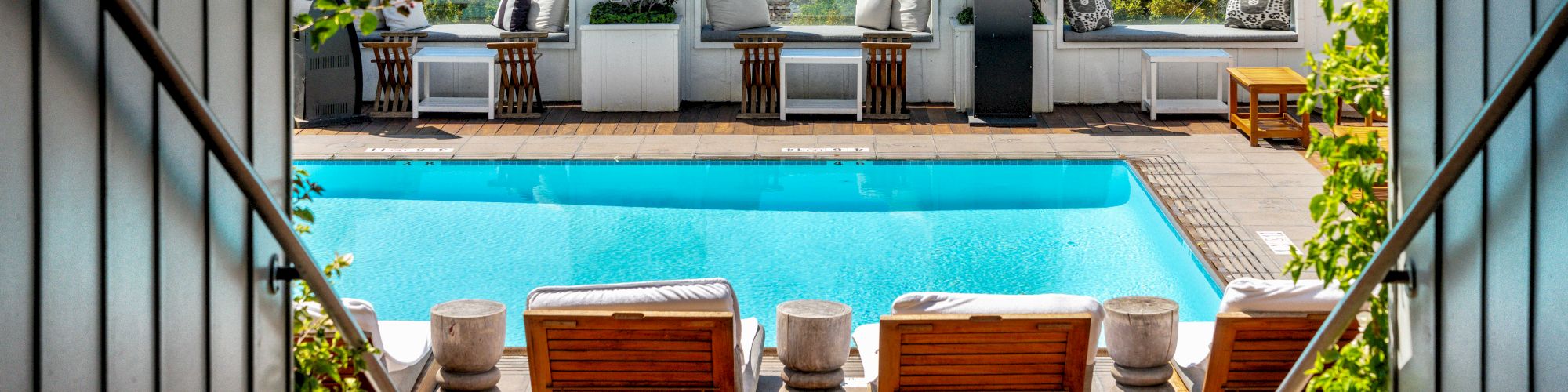 An outdoor rooftop pool with lounge chairs, potted plants, and patio seating overlooking a city skyline.