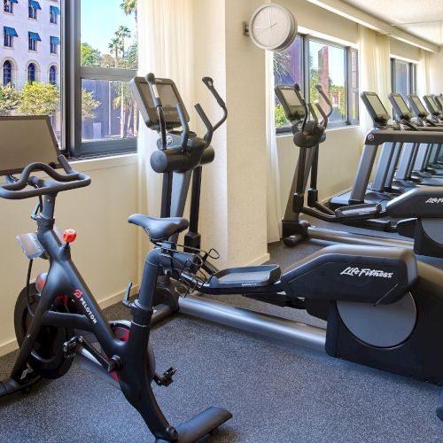 A row of exercise machines in a bright gym, including stationary bikes and treadmills, by large windows with city views, modern and clean.