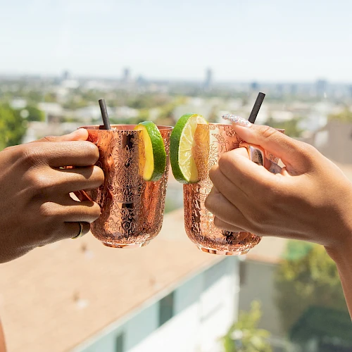 Two people clink glasses of iced drinks with lime wedges on a sunny rooftop, sunny cityscape in the background, cheerful toast.