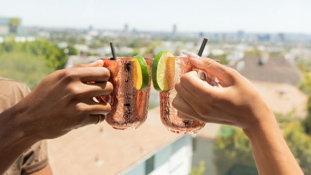 Two people clink glasses of iced drinks with lime wedges on a sunny rooftop, sunny cityscape in the background, cheerful toast.