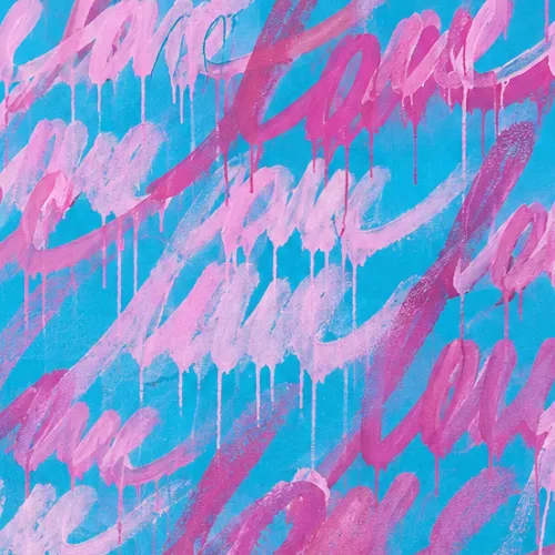 A vibrant abstract graffiti-style artwork with big cursive letters, pink and blue tones, and lots of dripping paint covering the scene.